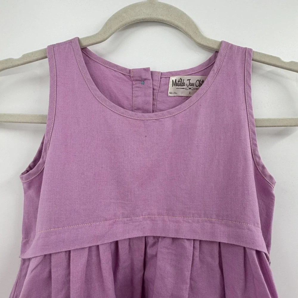 Matilda Jane Girls Dress Size 8 Purple Linen Sundress Ruffle Hem Pockets Whimsy